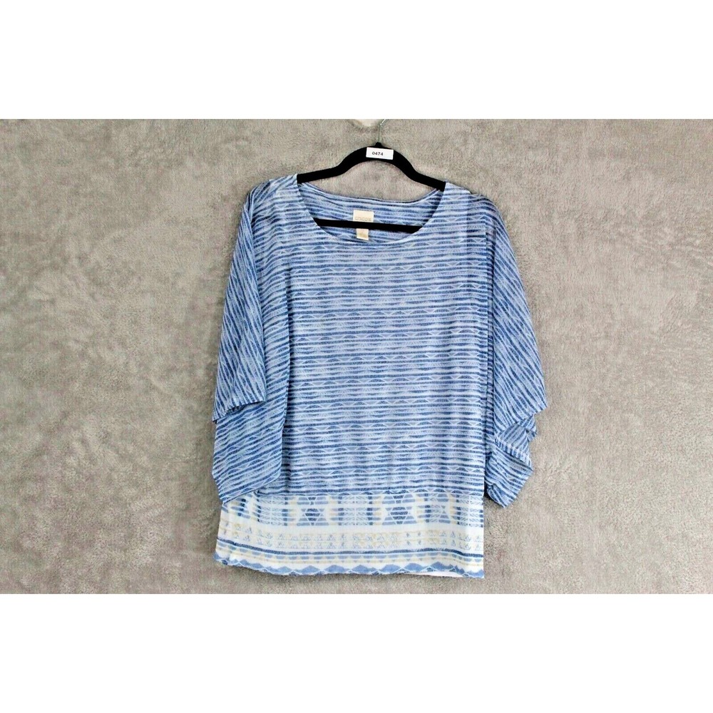 Chico's Top Womens 2 Blue Multicolor Sheer‎ Short Sleeve Coastal Grandma Boho
